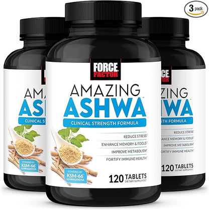Force Factor Amazing Ashwa, KSM-66 Ashwagandha Supplement for Stress Relief, Focus, Memory, Immune Support, With Vitamins, Minerals & Antioxidants, Cortisol Supplements for Women, 360 Tablets (3-Pack)