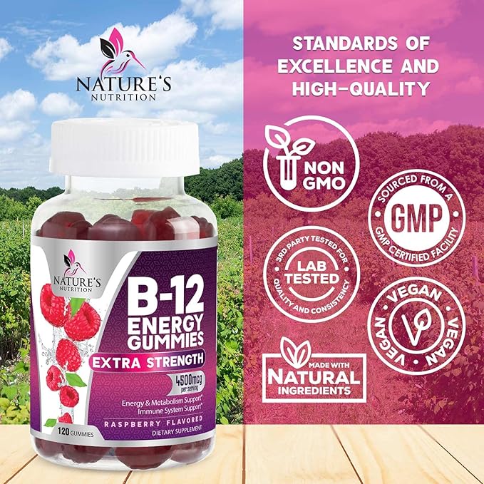 B12 Energy Gummies - 4500 mcg Vitamin B12 Per Serving - Extra Strength Chewable B12 Supplement for Energy, Metabolism & Immune Support - For Women, Men & Kids - Natural & Berry Flavored - 120 Gummies