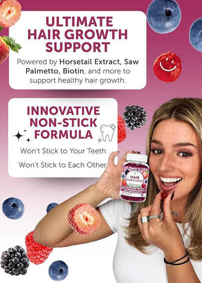 Lunakai USA Made Super Hair Gummies with Biotin, Zinc, Horsetail Extract & Saw Palmetto - Hair Growth Vitamins for Women & Men – Supports Thicker, Longer, Stronger Tresses, Skin & Nails, 60ct
