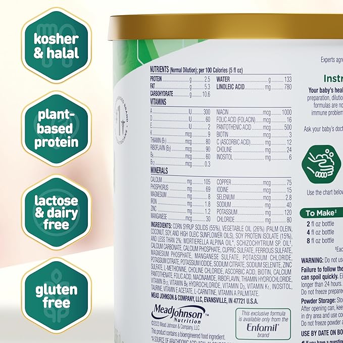 Enfamil Prosobee Plant based Baby Formula, for Sensitive Tummies, Soy-based Plant Sourced Protein, Vitamins for Immune Support, Lactose-free, Milk free, Gluten free, 20.9 Oz Can