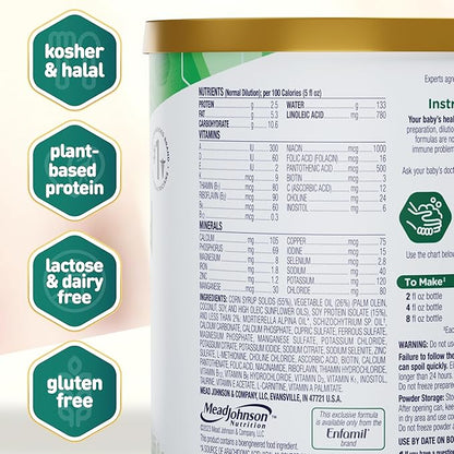 Enfamil Prosobee Plant based Baby Formula, for Sensitive Tummies, Soy-based Plant Sourced Protein, Vitamins for Immune Support, Lactose-free, Milk free, Gluten free, 20.9 Oz Can