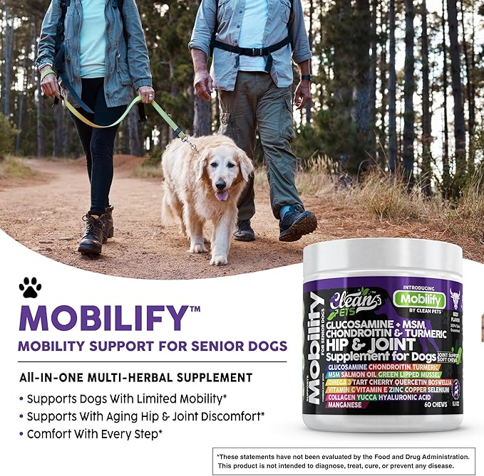 Clean Pets Hip and Joint Supplement Dogs with Glucosamine for Dogs + Chondroitin, Turmeric, Hyaluronic Acid, MSM, Salmon Oil, Collagen, Vitamin C, Omega 3 Senior Dog Supplements Beef Flavor - 1Pack