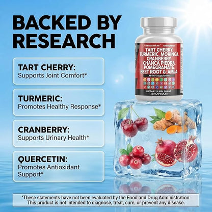 Clean Nutraceuticals Tart Cherry Extract Capsules with Turmeric Moringa Cranberry Chanca Piedra Celery Quercetin ACV Pomegranate L Selenomethionine - Uric Levels - 120 Ct
