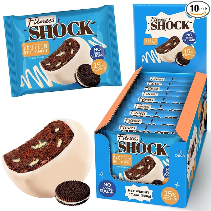 Fitness SHOCK Cookie Cream Protein White Brownie - No Added Sugar, 7.5g Protein, Low Carb Guilt-Free Dessert - 0g Added Sugar, 10g Net Carbs, 5g Fiber, Non-GMO - 10 x 50g