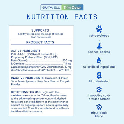 Native Pet GutWell Trim Down - Weight Management Dog Food Topper & Weight Loss Supplement Promotes Feelings of Fullness, Healthy Metabolism & Lean Muscles with Triple-Biotic & L-Carnitine - 60 Scoops