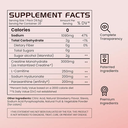 Gains in Bulk Shape Instantized Creatine for Women, Strawberry Fizz Flavor, Vegan Daily Workout Supplement with Hyaluronic Acid and Paraxanthine, Supports Energy and Lean Muscle, 20 Packets