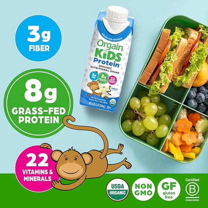 Orgain Organic Kids Nutritional Protein Shake, Vanilla, Healthy Kids Snacks, 8g Dairy Protein, 3g Fiber, 22 Vitamins & Minerals, No Soy ingredients, Gluten Free, Non-GMO, 8.25 Fl Oz (Pack of 24)