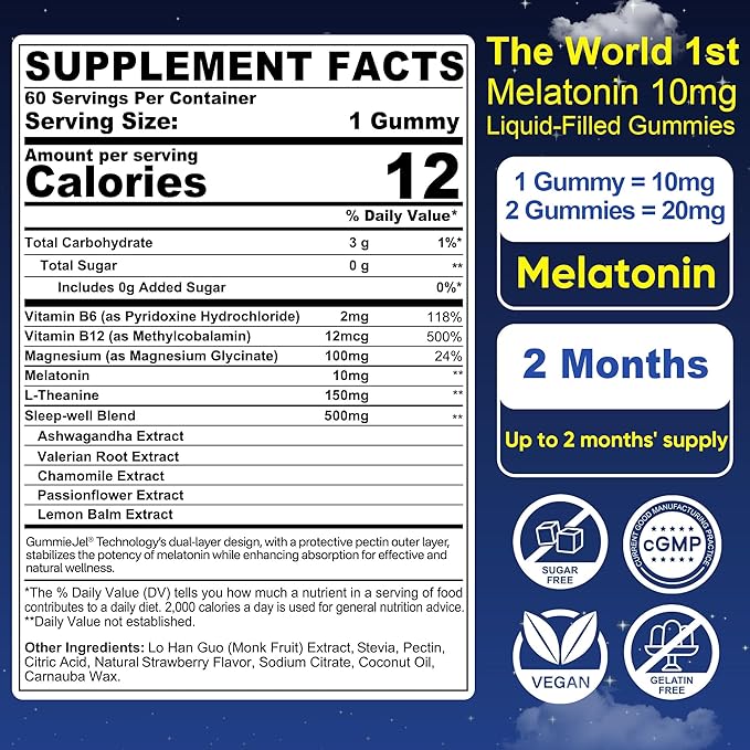 Nextdia Sugar Free Melatonin Gummies 10mg 20mg Magnesium Glycinate Melatonin for Adults, Ashwagandha, L-Theanine, B6, B12, Lemon Balm and Chamomile for Deep Relaxation, Antioxidant, Vegan, 60 Day