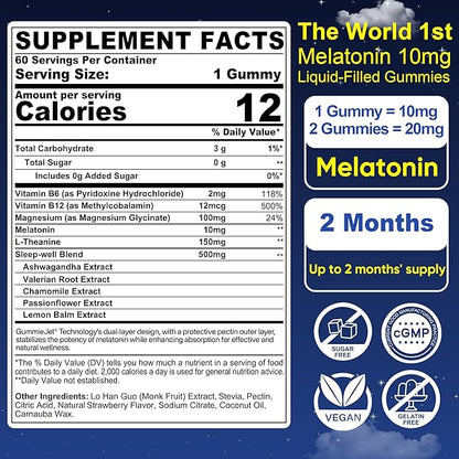 Nextdia Sugar Free Melatonin Gummies 10mg 20mg Magnesium Glycinate Melatonin for Adults, Ashwagandha, L-Theanine, B6, B12, Lemon Balm and Chamomile for Deep Relaxation, Antioxidant, Vegan, 60 Day