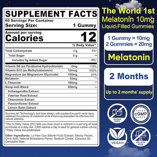 Nextdia Sugar Free Melatonin Gummies 10mg 20mg Magnesium Glycinate Melatonin for Adults, Ashwagandha, L-Theanine, B6, B12, Lemon Balm and Chamomile for Deep Relaxation, Antioxidant, Vegan, 60 Day