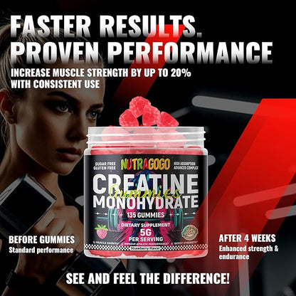 NSF Certified Creatine Gummy - Creatine Monohydrate Gummies for Men & Women-5g of Creatine Monohydrate per Serving - Sugar Free,Vegan, Strawberry Electrolyte Chews, 135 Count