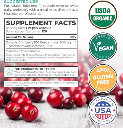 Organic Cranberry Pills - Vegan Supplement for Urinary Tract Health & Kidney Cleanse - Cranberry Pills for Women 500mg 50:1 Cranberry Concentrate Per Serving - Urinary Tract Support - 120 Capsules