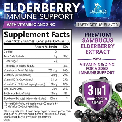 Elderberry Gummies - Black Elderberry Extract Immune Support Gummy with Vitamin C, D3 and Zinc - Sambucus Immune Health Support Supplement for Kids & Adults, Black Elder Berry Vitamins - 120 Gummies