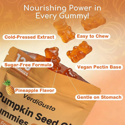 120 Count Pumpkin Seed Oil Gummies with Saw Palmetto | 5,000 mg Cold-Pressed Extract | Sugar-Free Pineapple Flavor | Supports Hair, Skin & Prostate Health | Pumpkin Seed Oil Supplement for Men & Women