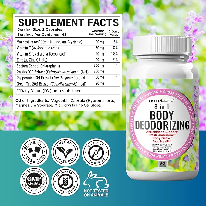 Body Deodorizing Supplement - Odor Eliminator & Internal Deodorant Pills for Fresh Breath Skin Health & Detox - Full Body Deodorizer Capsules with Chlorophyll Complex Vitamins