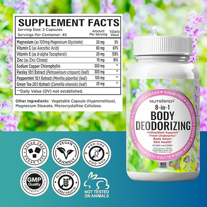 Body Deodorizing Supplement - Odor Eliminator & Internal Deodorant Pills for Fresh Breath Skin Health & Detox - Full Body Deodorizer Capsules with Chlorophyll Complex Vitamins for Women Men