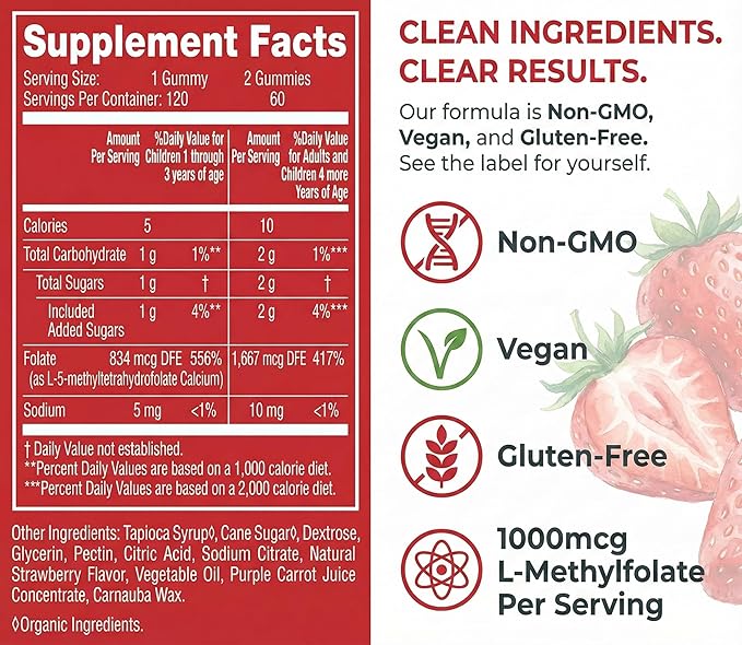 CogniTune Methylfolate Gummies for Kids and Adults - L-Methylfolate 1000mcg 5-MTHF Folate Supplement - MTHFR Support - Strawberry Chewable Vitamin B9 - Non-GMO Vegan - 60 Count
