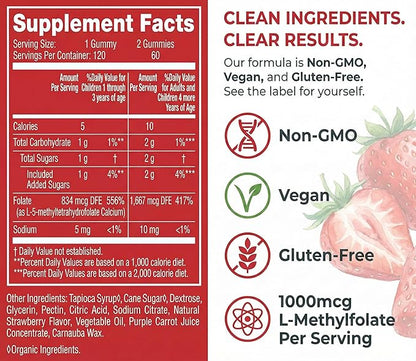 CogniTune L-Methylfolate Gummies 1000mcg - Bioavailable 5MTHF Folate Supplement for Brain Health - MTHFR Support with Delicious Strawberry Flavor