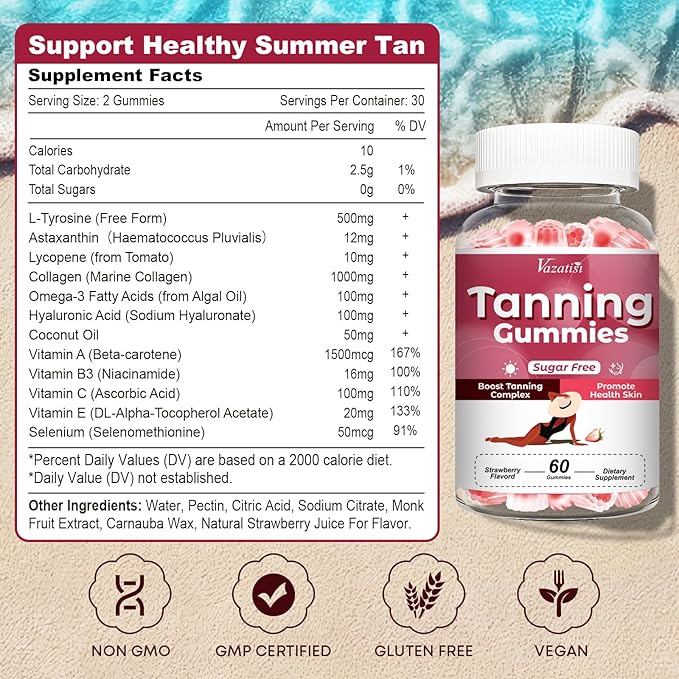 Tanning Gummies for Women, Supports Radiant Tan & Healthy Skin, Extra Strength with Astaxanthin Lycopene Beta Carotene and Vitamins - Supports Faster Tanning, Strawberry Flavored, 120 Count