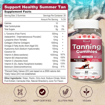 Tanning Gummies for Women, Supports Radiant Tan & Healthy Skin, Extra Strength with Astaxanthin Lycopene Beta Carotene and Vitamins - Supports Faster Tanning, Strawberry Flavored, 120 Count