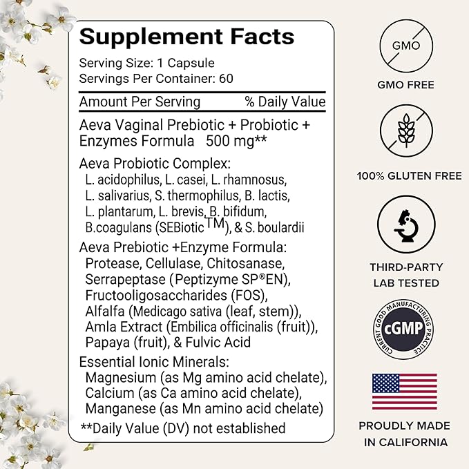 Aeva Vaginal Probiotic: Probiotics + Prebiotics + Enzymes + Fulvic Acid – Supports Vaginal Microbiome Health, Yeast Balance, Candida & Gut Wellness – Functional Medicine Formula – Made in California