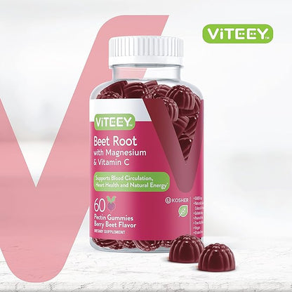 Viteey Beet Root Gummies with Magnesium & Vitamin C - Beetroot Supplement for Heart Health, Blood Pressure Support - Vegan, Gluten-Free - 60 Count