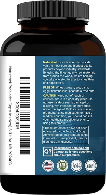 NatureBell Probiotic 200 Billion CFU – 40 Strains Per Serving | 240 Veggie Capsules with Prebiotics and Probiotics – Full Spectrum Complex with Enzymes – Daily Probiotics for Women & Men