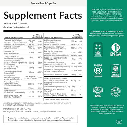 Needed. Multivitamin with Choline Capsules for Prenatal, Pregnancy, Breastfeeding, Postpartum | Expertly-Formulated & Third-Party Tested| 30-Day Supply