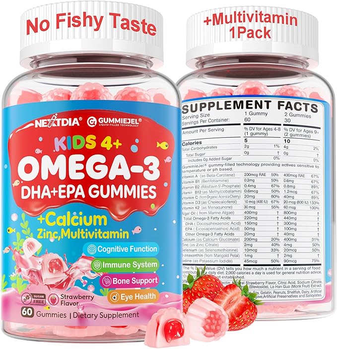 Nextdia Omega 3 (EPA/DHA) Filled Gummies for Kids Teen with Multivitamin, Calcium + D3 + K2 + Zinc, Plus Vitamin A B1 B2 B12 C, Selenium, Iodine for Brain, Eye, Bone, Energy, No Fish Taste, Sugar Free
