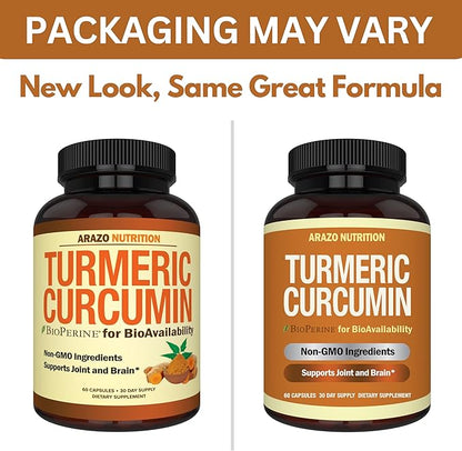 Arazo Nutrition Turmeric Curcumin with BioPerine Black Pepper Extract - 1300mg Per Serving - Joint Support Nutritional Supplements - 100% Herbal Tumeric Root Capsules