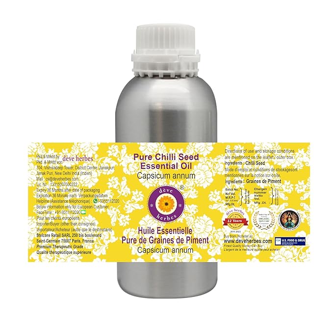 Deve Herbes Pure Chilli Seed Essential Oil (Capsicum annum) Steam Distilled 630ml (21 oz)
