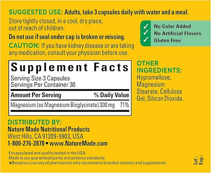 Nature Made High Absorption Magnesium Glycinate 300mg per 3 Capsules, Mg-Supplement for Muscle, Heart, Nerve and Bone Support, 90 Mg Bisglycinate Capsules, 30 Day Supply,(Pack of 2)