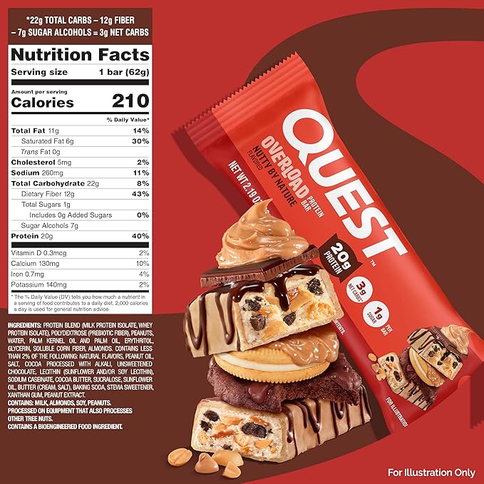 Quest Nutrition Overload Protein Bars, Nutty by Nature Flavored Protein Bars, 20g Protein, 1g Sugar, 3g Net Carbs, Gluten Free, 12 Count