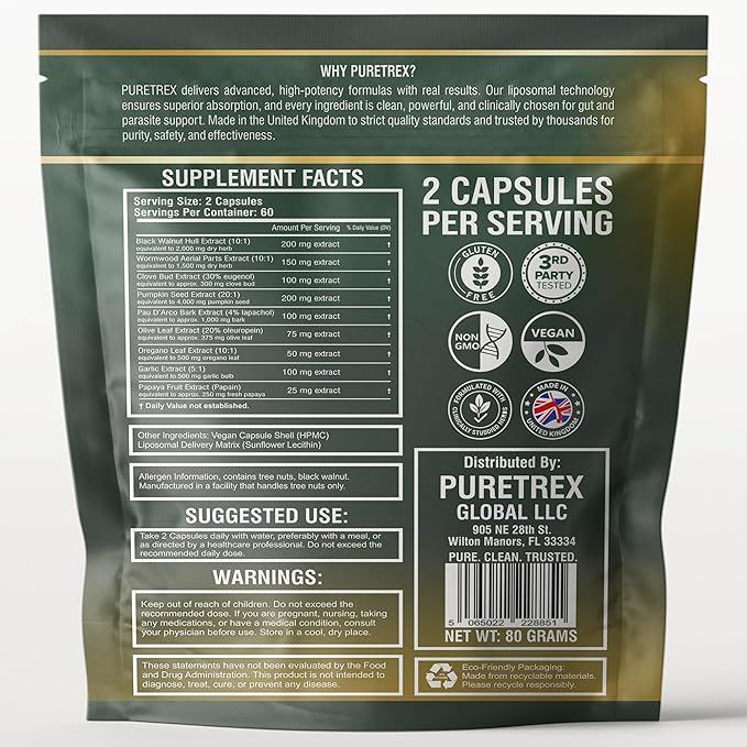 Liposomal Herbal Parasite & Gut Detox, 120 Capsules, 5X Better Absorption, with Black Walnut, Wormwood, Clove, Pumpkin Seed, Garlic, Oregano, PAU D'Arco, Papaya