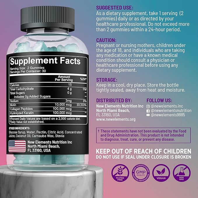 Biotin Gummies with Keratin & Collagen Peptides - Advanced Supplement for Hair Growth Treatment for Men & Women Hair Skin and Nails Vitamins – Biotin 10000mcg | Keratin 100000mcg | Collagen 100000mcg