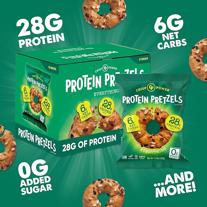 CRISP POWER Protein Pretzels, Everything, 28G Protein, High Protein Snack, High Fiber, Low Carb Crunchy Pretzel Snacks, No Added Sugar, 1.75 oz Bags, 6 Pack, Vegan, Keto