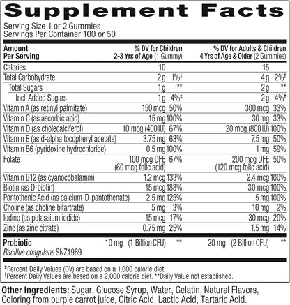 OLLY Kids Multivitamin & Probiotic Gummy, Digestive Support, Vitamins A, D, C, E, B, Zinc, Chewable Supplement, Berry Flavor, 50 day supply - 100 Count