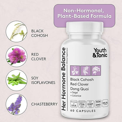 Youth & Tonic Her Hormone Balance – Menopause Supplement for Women, Perimenopause Support, Non-Hormonal Herbal Formula with Black Cohosh for Hot Flashes & Night Sweats, 60 Capsules