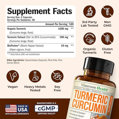 Turmeric Curcumin Supplement with Black Pepper Extract - High Potency Organic Turmeric 1200mg & 95% Curcuminoids for Joint & Digestive Health - Joint Support Supplement - 60 Vegan Curcuma Capsules