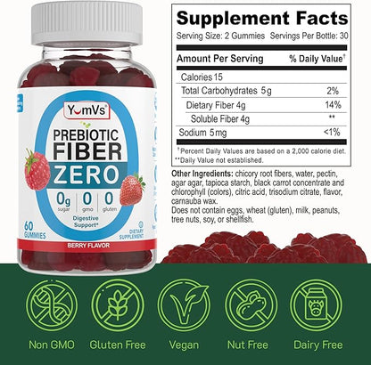YumVs Sugar Free Fiber Gummies for Adults – 4g Prebiotic Fiber Supplement Gummies for Gut & Digestive Health – Keto Friendly, Vegan, Gluten Free, Non-GMO – Great Tasting Berry Flavor – 60 Count