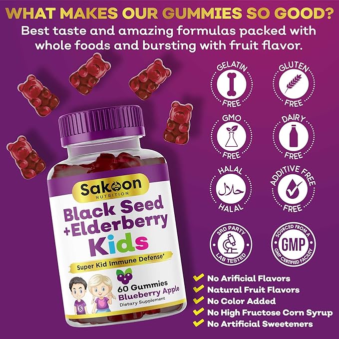 Sakoon nutrition Elderberry & Black Seed Oil Gummies for Kids, Immune Support, with Vitamin C and Zinc, Delicious Berry Flavor, 60 Gummies
