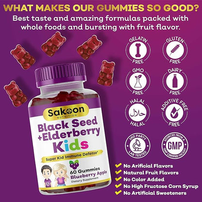 Sakoon nutrition Elderberry & Black Seed Oil Gummies for Kids, Immune Support, with Vitamin C and Zinc, Delicious Berry Flavor, 60 Gummies