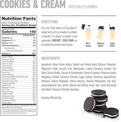 Isopure Zero Carb 100% Pure Whey Isolate Protein Powder, Gluten Free, With Vitamins, Cookies & Cream, 25g Protein Per Serving, 1 Lb, 15 Servings (Packaging May Vary)