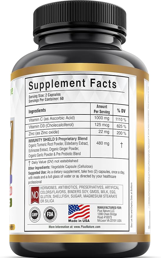 9-in-1 Immune Support Vitamin C (1000mg), Vitamin D3 (5000 IU), Zinc(22mg) with Elderberry, Turmeric, Echinacea, Ginger, Garlic and Pre+Pro-Biotic per Serving (120 caps per Bottle - 2 Month Supply)