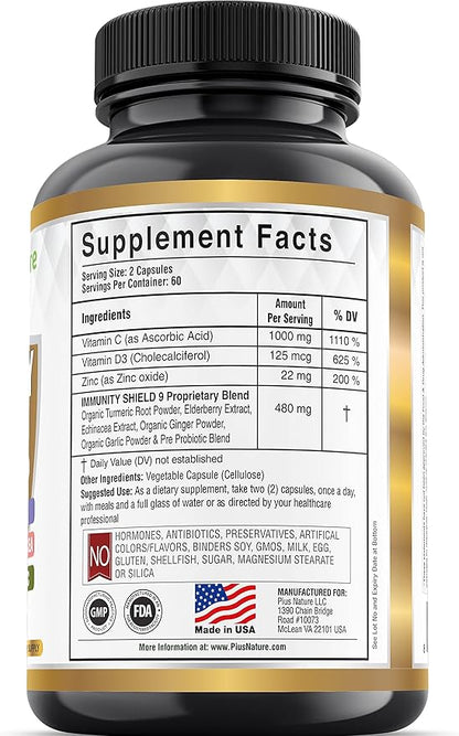 9-in-1 Immune Support Vitamin C (1000mg), Vitamin D3 (5000 IU), Zinc(22mg) with Elderberry, Turmeric, Echinacea, Ginger, Garlic and Pre+Pro-Biotic per Serving (120 caps per Bottle - 2 Month Supply)