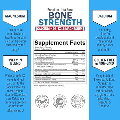 BioSchwartz Bone Strength Supplement - Gentle Non-Constipating Bone Health Supplement for Women & Men with 9-in-1 Complex with Calcium Magnesium Zinc D3 K2 & More - 3rd Party Tested - 2 Months
