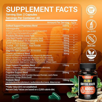 Super Calm Cortisol Supplement, 25-in-1 Cortisol Reducer for Women & Men, Cortisol Supplements for Women with Ashwagandha, Rhodiola Rosea, L-Theanine, for Mood, Focus, Sleep Support, 120 Capsules