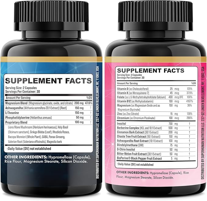 Cortisol & Myo-Inositol Supplement Bundle, Soothe & Smooth Bundle, Cortisol Balance, GABA, Magnesium, Ashwagandha, L-Theanine, D-Chiro Inositol, Folate, Berberine, Chasteberry, Zinc (2 Pack)