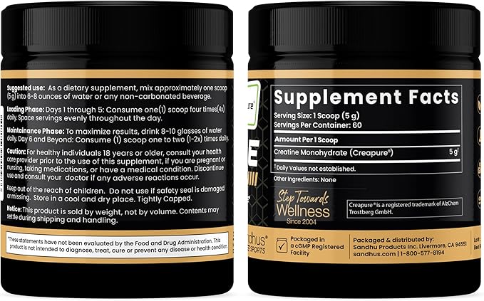 Sandhu's Creapure German Creatine Monohydrate Powder Supplements for Men & Women, Unflavored, 60 Servings (Pack of 2), 21.16 Oz, Sport Supplement Supports Lean Muscle Building
