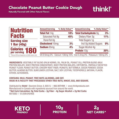 think! Delight, Keto Protein Bars, Healthy Low Carb, Gluten Free Snack - Chocolate Peanut Butter Cookie Dough, 10 Count (Packaging May Vary)